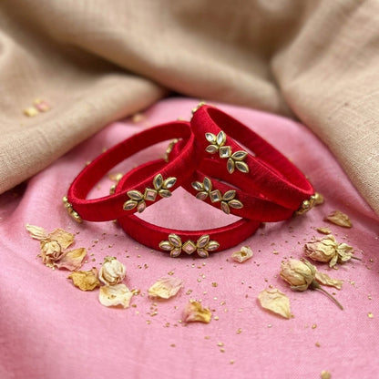 Classic Red Color Handcrafted Silk Thread Bangle Set In Size 2.6