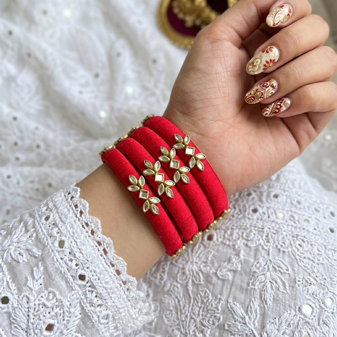 Classic Red Color Handcrafted Silk Thread Bangle Set In Size 2.6