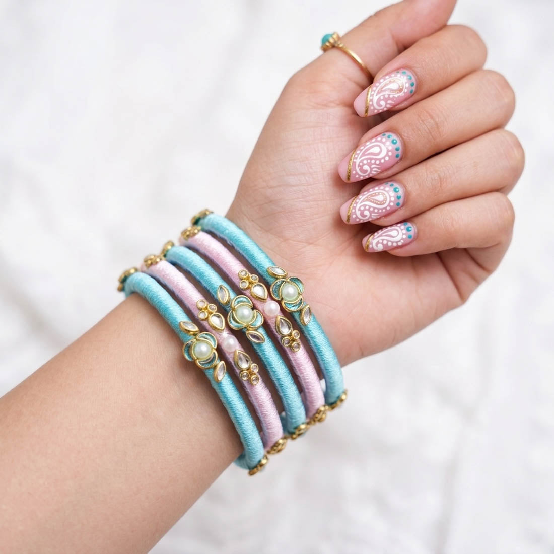 Soft Pastel And Light Pink Color Silk Thread Bangle Set In Size 2.8