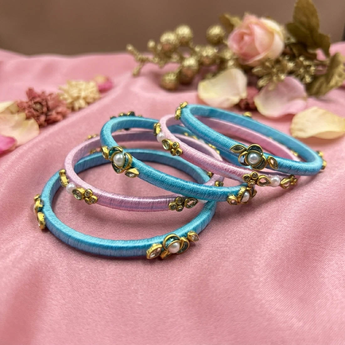 Soft Pastel And Light Pink Color Silk Thread Bangle Set In Size 2.8