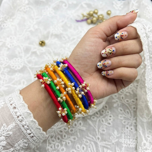 Assorted Multi Color Artisanal Silk Thread Bangle Set Designed For Size 2.4