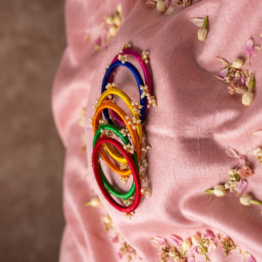 Assorted Multi Color Artisanal Silk Thread Bangle Set Designed For Size 2.4