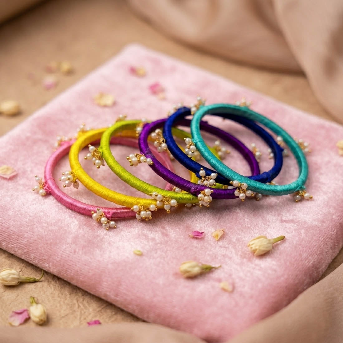 Radiant Multi Color Artisanal Silk Thread Bangle Set Designed For Size 2.8
