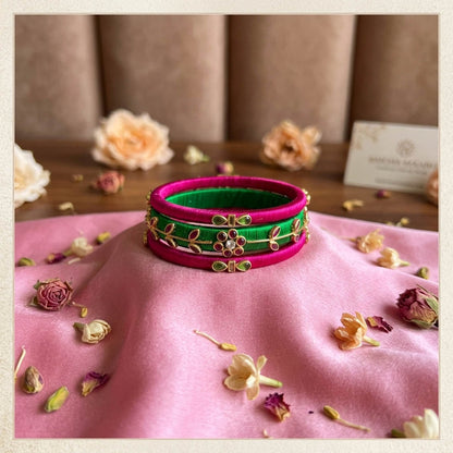 Exquisite Pink And Green Color Silk Thread Bangle Set In Size 2.6