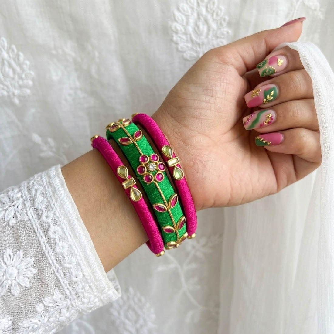 Exquisite Pink And Green Color Silk Thread Bangle Set In Size 2.6