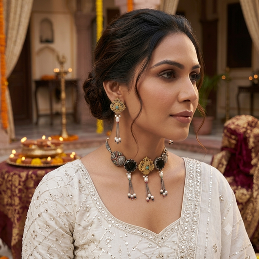 Black Color Dual Tone Oxidised Necklace Set Featuring Traditional Jewelry Appeal
