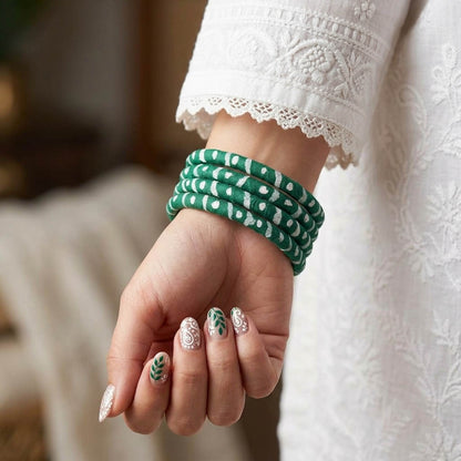 Classic Forest Dark Green Color Wooden Bangle Set For Both Hands Styling