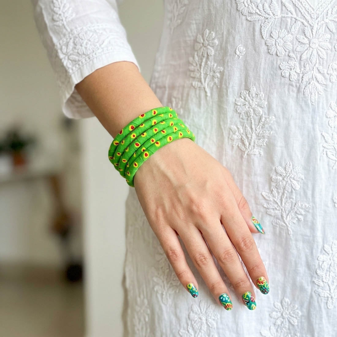 Refreshing Pastel Light Green Color Wooden Bangle Pair Designed For Both Hands