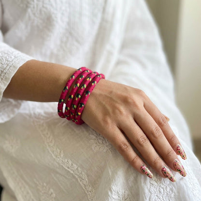 Charming Hot Pink Color Wooden Bangle Pair Crafted For Both Hands Styling