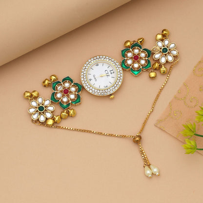 Rani & Green Color Kundan Watch For Girls & Women Stylish Ethnic Designer Timepiece