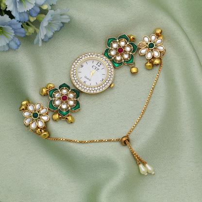 Rani & Green Color Kundan Watch For Girls & Women Stylish Ethnic Designer Timepiece
