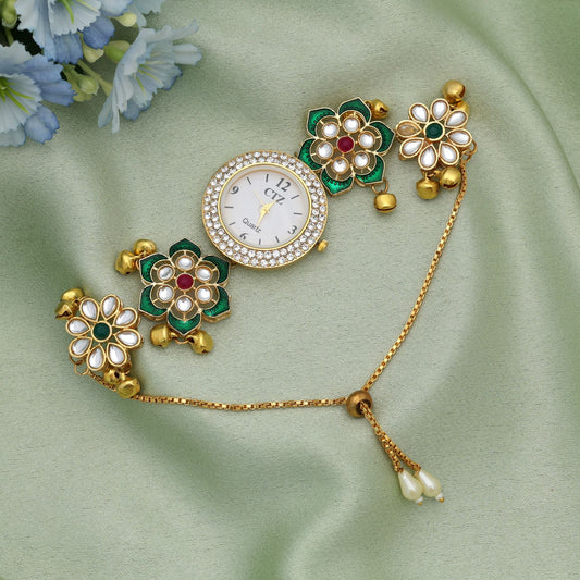 Rani & Grüne Farbe Kundan Uhr für Mädchen & Frauen Stilvolle Ethnische Designer-Uhr