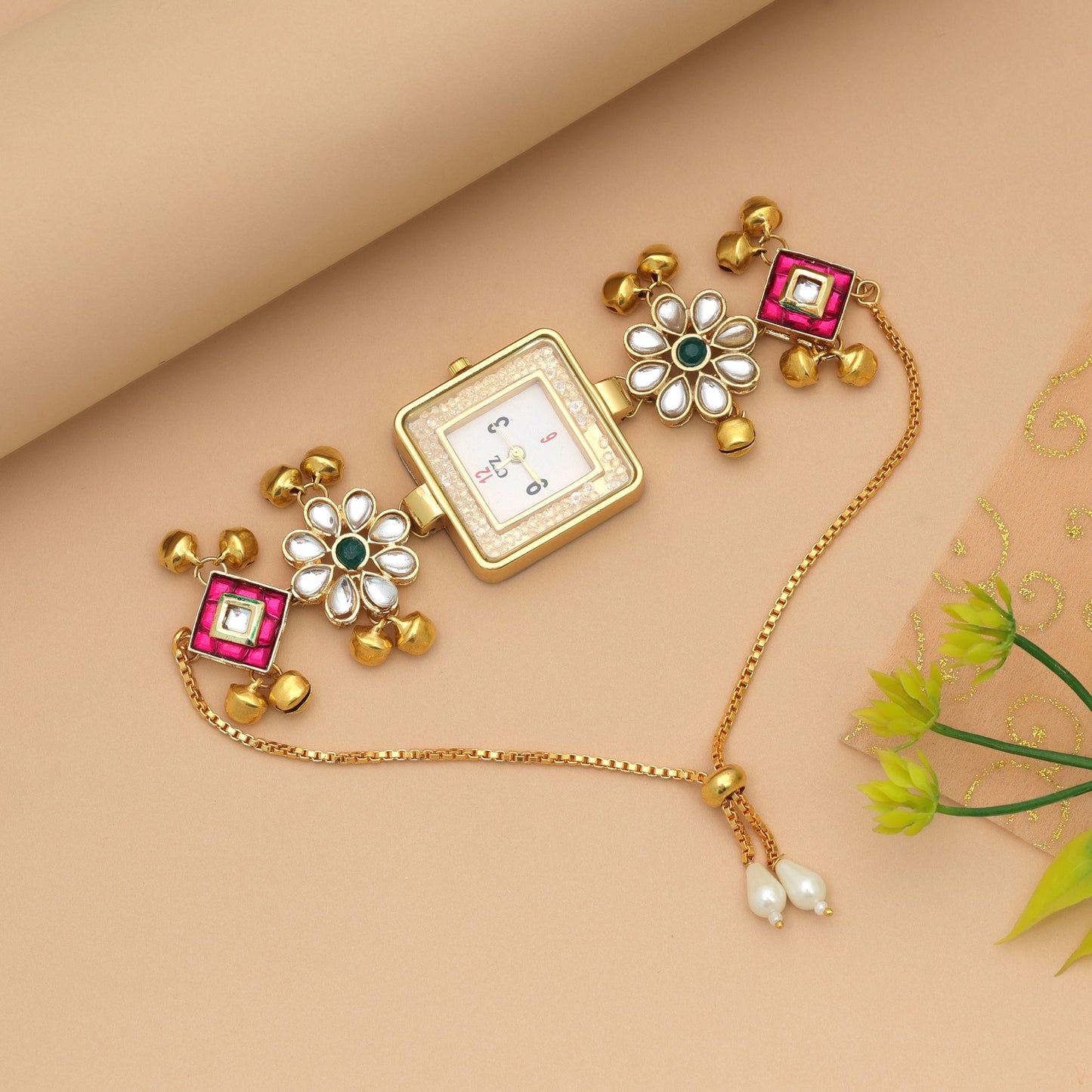 Rani & Green Color Kundan Watch For Girls & Women Elegant Traditional Jewelry Watch