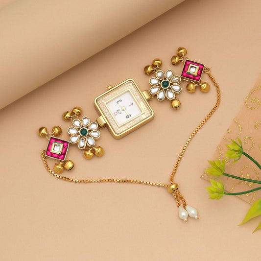 Rani & Green Color Kundan Watch For Girls & Women Elegant Traditional Jewelry Watch