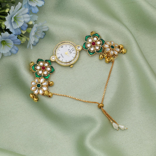 Rani & Green Color Kundan Watch For Girls & Women Festive Wear Designer Watch
