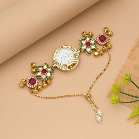 Rani & Green Color Kundan Watch For Girls & Women Royal Ethnic Designer Watch