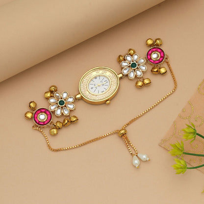 Rani & Green Color Kundan Watch For Girls & Women Elegant Festive Watch