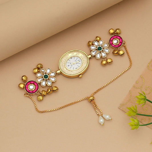 Rani & Green Color Kundan Watch For Girls & Women Elegant Festive Watch