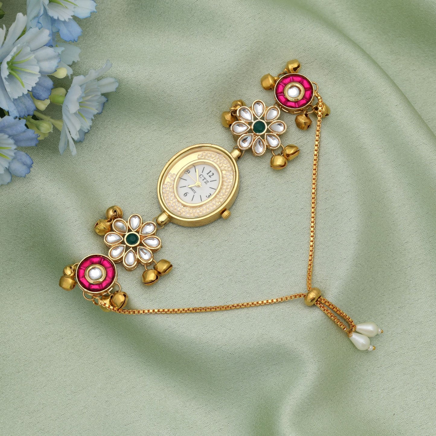 Rani & Green Color Kundan Watch For Girls & Women Elegant Festive Watch