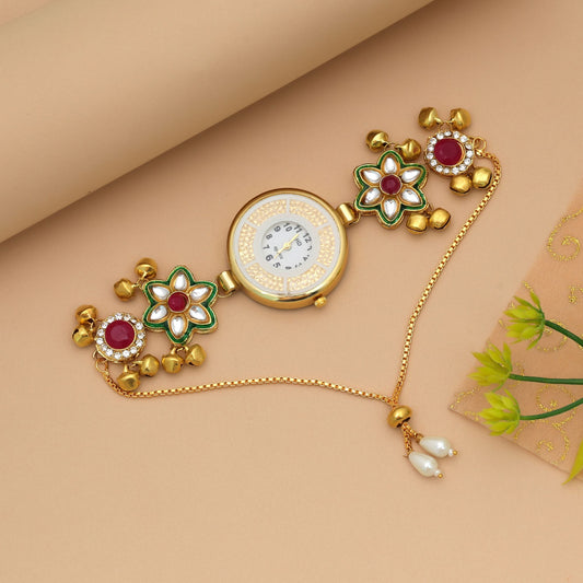 Rani & Green Color Kundan Watch For Girls & Women Premium Ethnic Watch