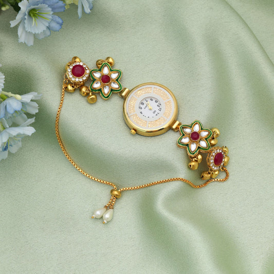 Rani & Green Color Kundan Watch For Girls & Women Premium Ethnic Watch