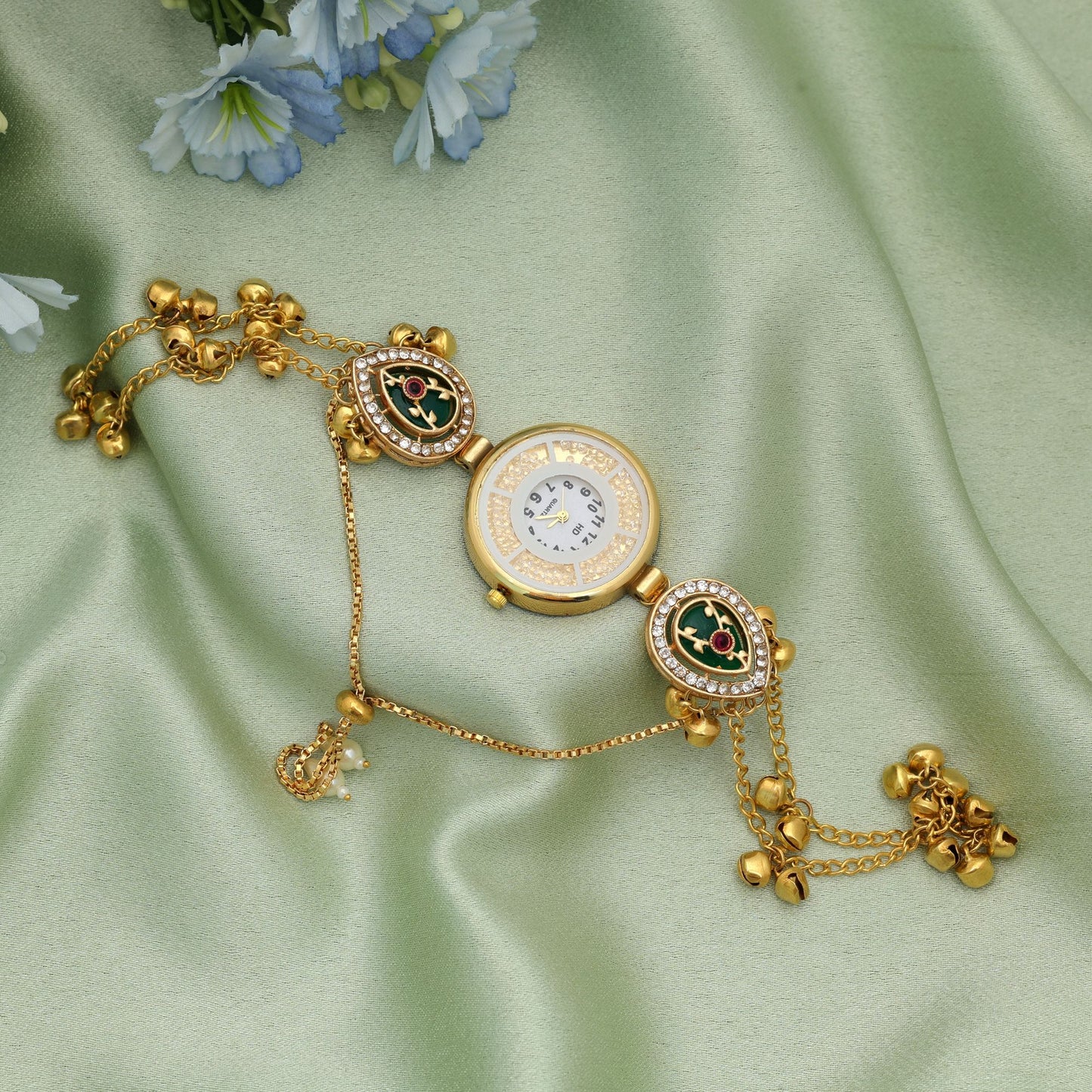 Green Color Kundan Watch For Girls & Women Stylish Minimal Designer Watch