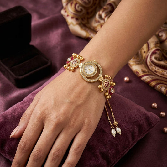 Gorgeous Rani Color Stone Kundan Watch For Girls & Women Fashion