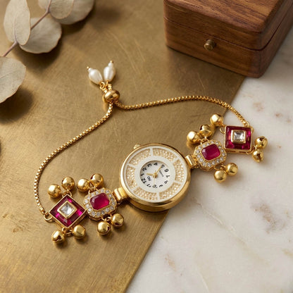 Charming Rani Color Modern Kundan Watch For Girls & Women Wedding
