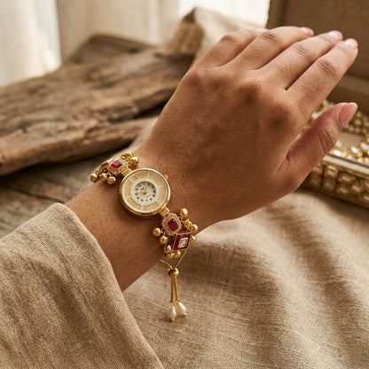 Charming Rani Color Modern Kundan Watch For Girls & Women Wedding