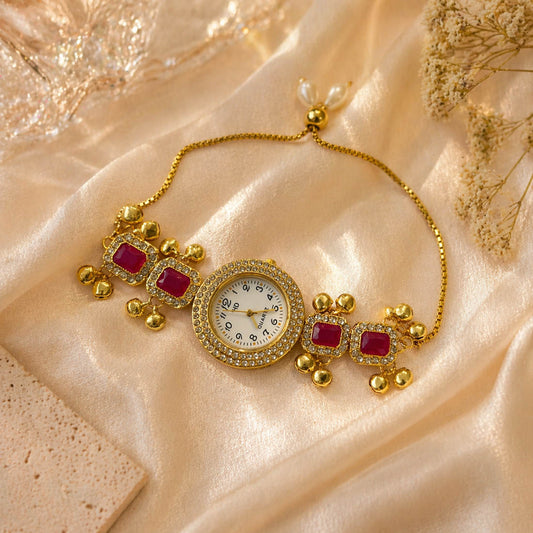 Stunning Rani Color Luxury Kundan Watch For Girls & Women Elegant
