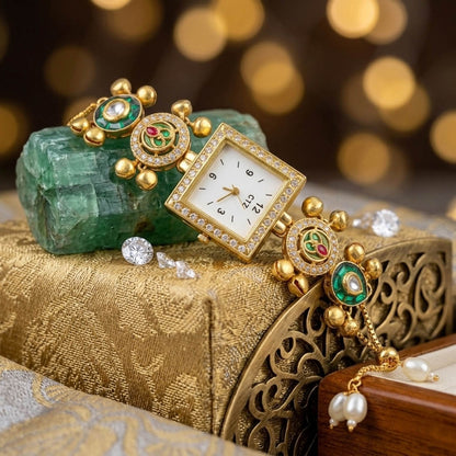 Lovely Green Color Stylish Kundan Watch For Girls & Women Daily