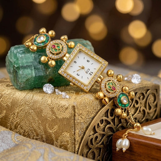 Lovely Green Color Stylish Kundan Watch For Girls & Women Daily