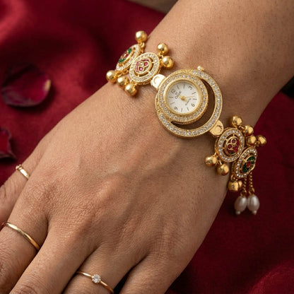 Premium Rani Green Color Glitter Kundan Watch For Girls & Women