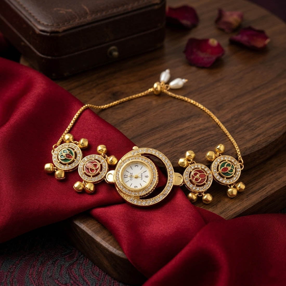 Premium Rani Green Color Glitter Kundan Watch For Girls & Women