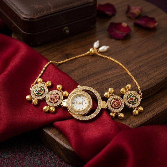 Premium Rani Green Color Glitter Kundan Watch For Girls & Women