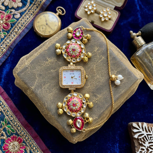Elegante traditionelle Kundan-Uhr in Rani-Farbe für Mädchen und Damen, Partymode