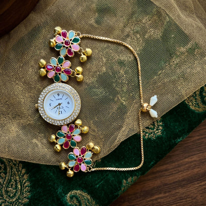 Stylische mehrfarbige Designer-Kundan-Uhr für Mädchen & Frauen Festliche Wahl
