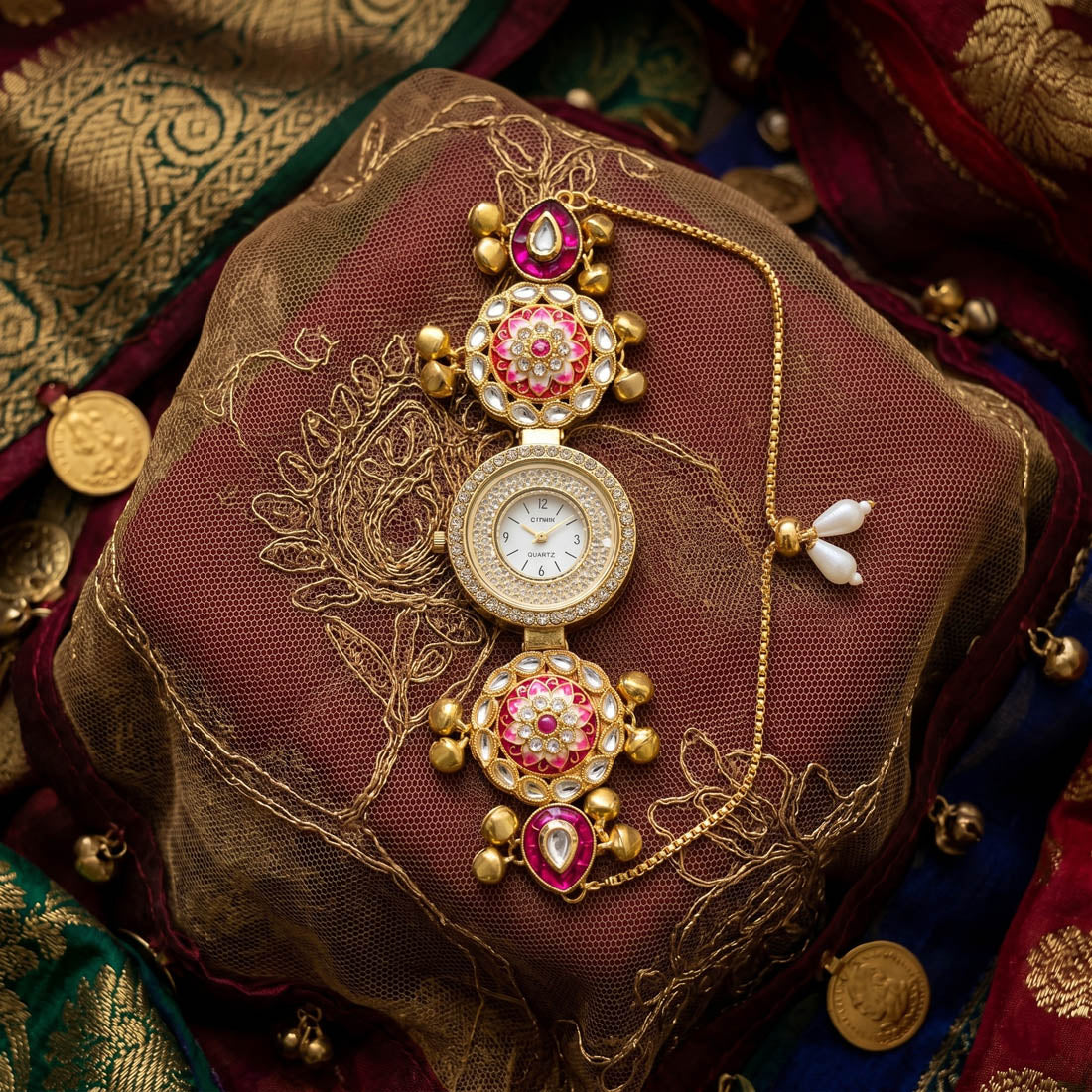 Charming Rani Color Fancy Kundan Watch For Girls & Women Daily Wear