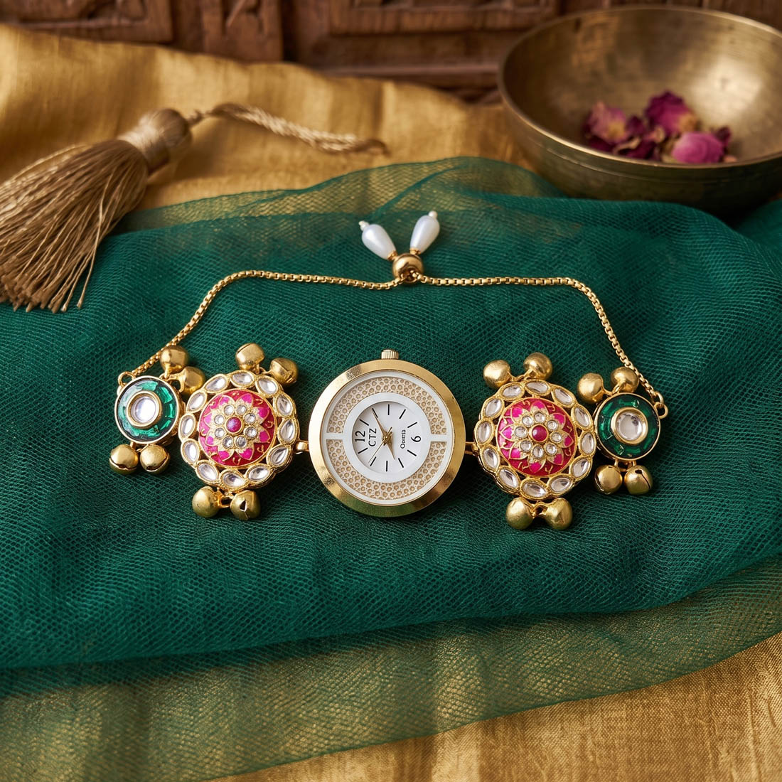 Beautiful Rani & Green Color Kundan Watch For Girls & Women Traditional Look