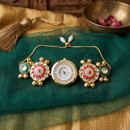 Beautiful Rani & Green Color Kundan Watch For Girls & Women Traditional Look