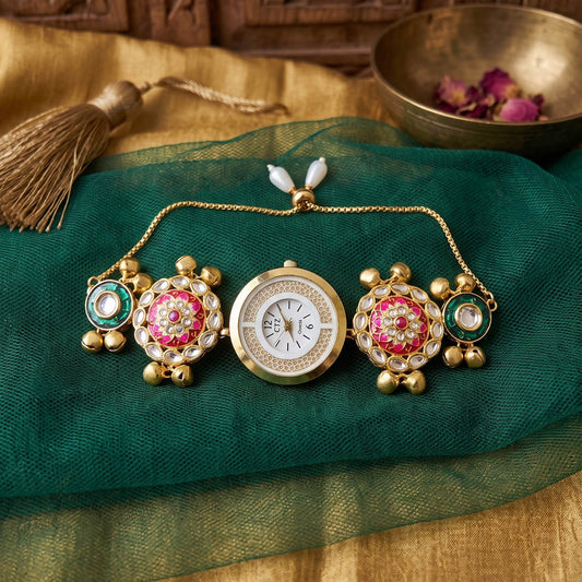 Beautiful Rani & Green Color Kundan Watch For Girls & Women Traditional Look