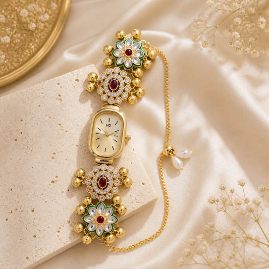 Stylish Rani Color Kundan Watch For Girls & Women Traditional Party Wear Collection