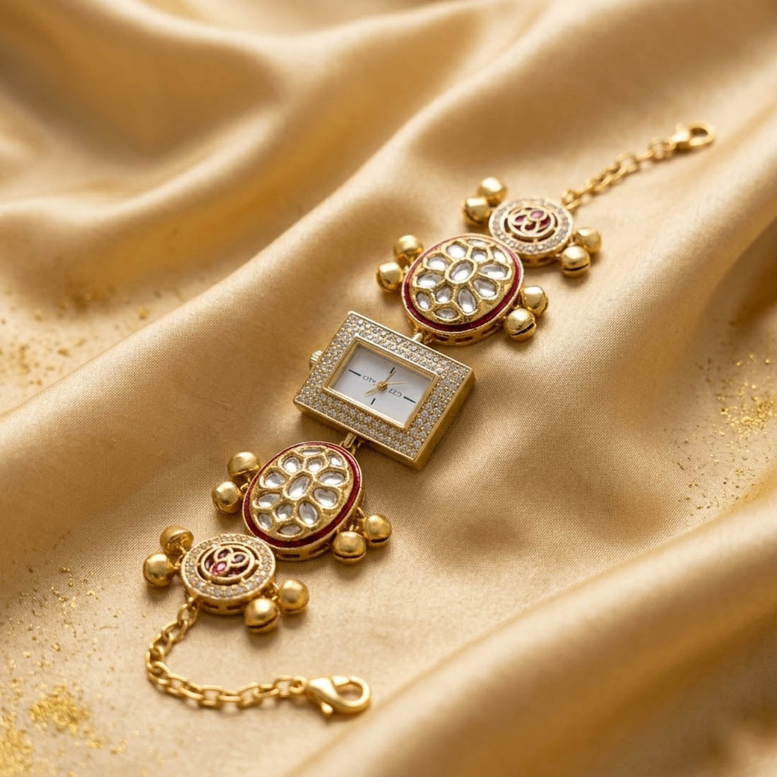 Anmutige Pista-Grün- & Rani-farbene Kundan-Uhr für Mädchen & Frauen Festliche Kleidung Design