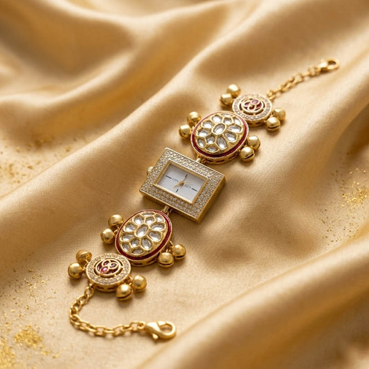 Anmutige Pista-Grün- & Rani-farbene Kundan-Uhr für Mädchen & Frauen Festliche Kleidung Design
