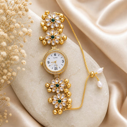 Klassische grüne Kundan-Uhr für Mädchen & Damen im eleganten traditionellen Schmuckstil