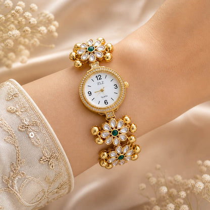 Klassische grüne Kundan-Uhr für Mädchen & Damen im eleganten traditionellen Schmuckstil