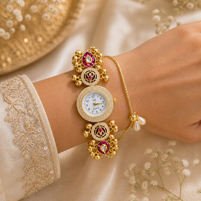 Beautiful Rani Color Kundan Watch For Girls & Women Ethnic Occasion Statement Piece