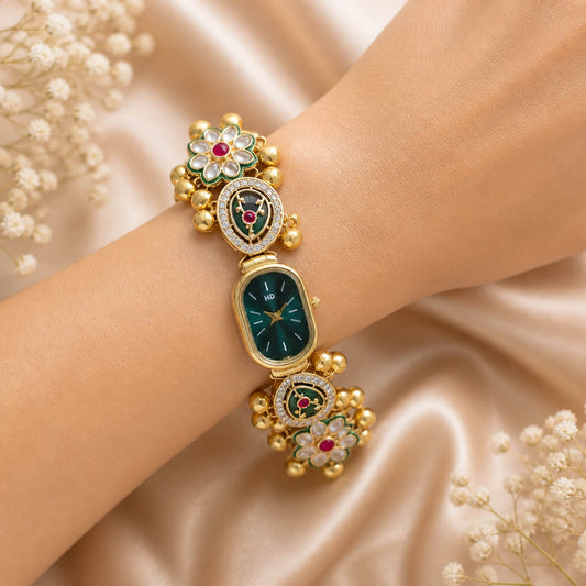 Trendy Rani & Green Color Kundan Watch For Girls & Women Festive Fashion Accessory