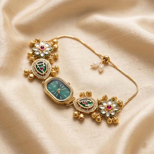 Trendy Rani & Green Color Kundan Watch For Girls & Women Festive Fashion Accessory