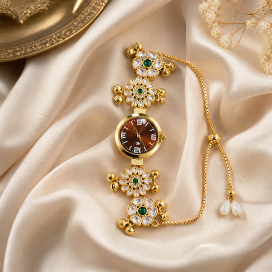 Stylish Green Color Kundan Watch For Girls & Women Daily Wear Ethnic Look Accessory